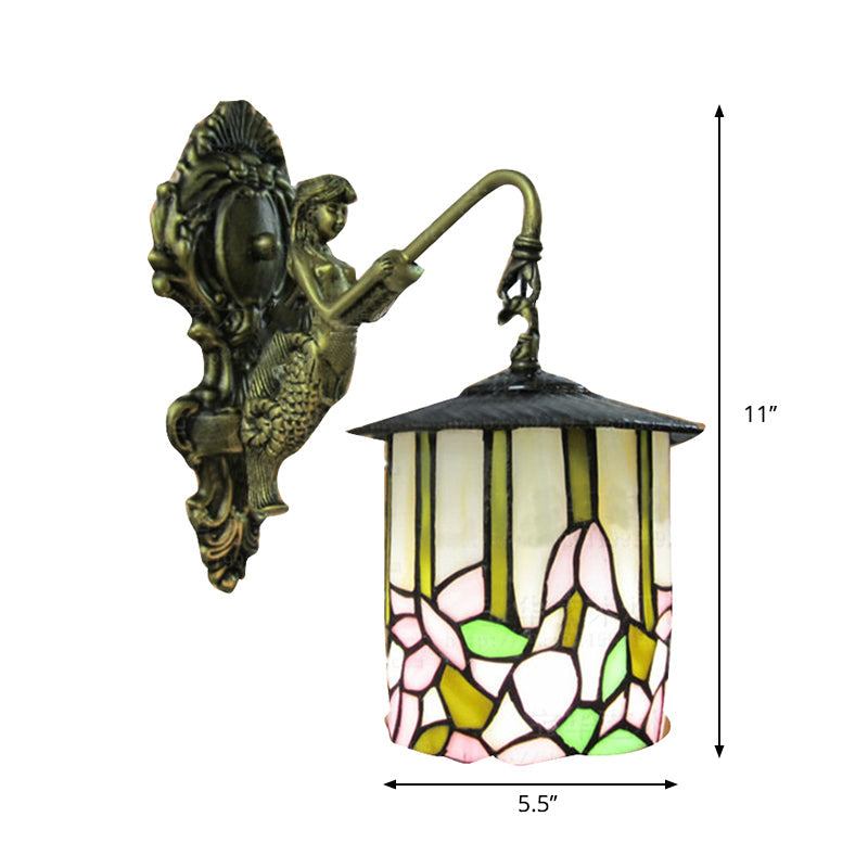 Frendorf | Zylinder Wandleuchte Tiffany Beige Glas 1 Kopf Flur Wandmontierte Lampe mit Blumenmuster