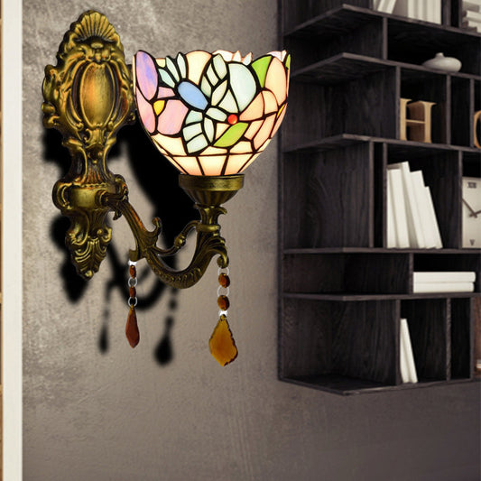 Frendorf | Schlafzimmer Blossom Bird Wandlampe Buntglas 1 Kopf Wand sconce mit Achat Deco in Antikmessing