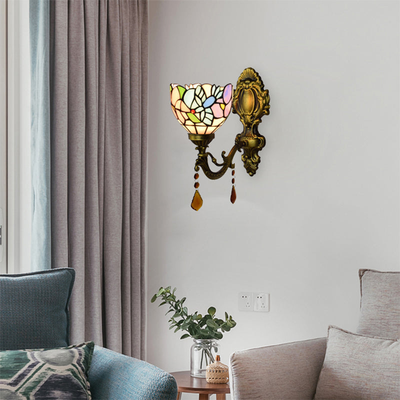 Frendorf | Schlafzimmer Blossom Bird Wandlampe Buntglas 1 Kopf Wand sconce mit Achat Deco in Antikmessing