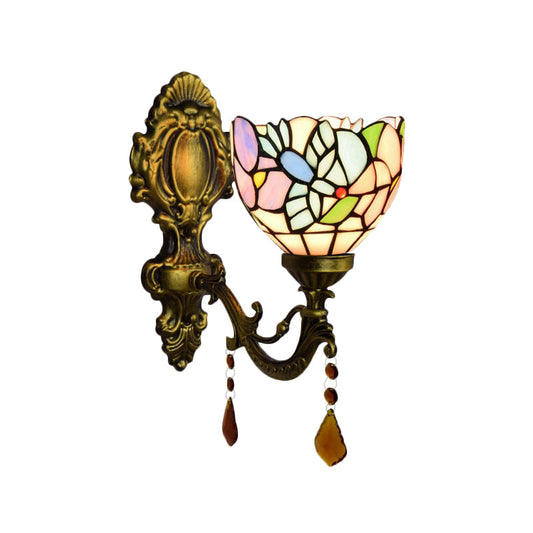 Frendorf | Schlafzimmer Blossom Bird Wandlampe Buntglas 1 Kopf Wand sconce mit Achat Deco in Antikmessing