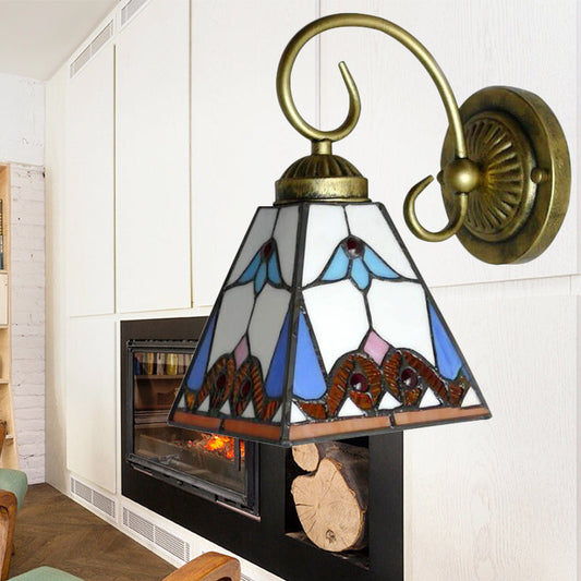 Frendorf | 1 Kopfstück-Wandlicht Leuchte Tiffany-Blau Buntglas Wandskulptur Licht mit geschwungenem Arm