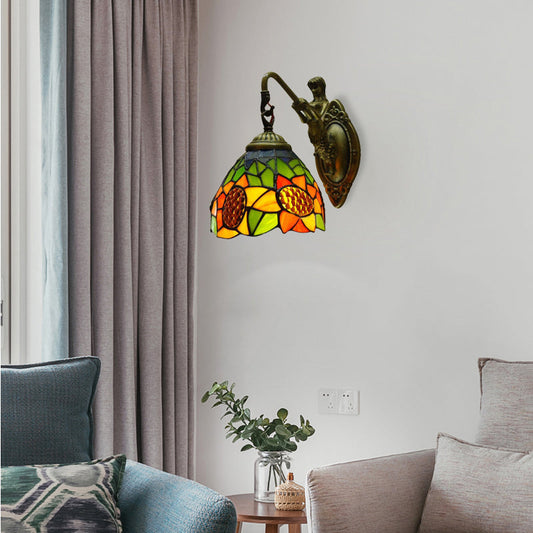 Frendorf | Oranje Glazen Zonnebloem Wandlamp Tiffany 1 Hoofds Antique Messing Wandbevestigde Verlichtingsarmatuur