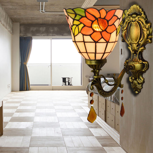 Frendorf | Bowl Wandlamp Tiffany Glas in Lood 1 Lamp Bloemige Wandlampen met Kristal in Oranje