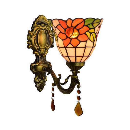 Frendorf | Bowl Wandlamp Tiffany Glas in Lood 1 Lamp Bloemige Wandlampen met Kristal in Oranje