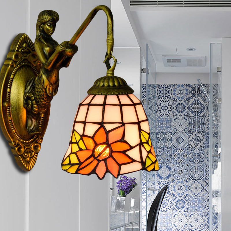 Frendorf | Zonnebloem Sconceslamp Tiffany Oranje Glas 1 Hoofd Woonkamer Wandgemonteerde Lamp met Zeemeermin Achterplaat
