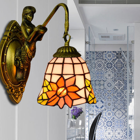 Frendorf | Zonnebloem Sconceslamp Tiffany Oranje Glas 1 Hoofd Woonkamer Wandgemonteerde Lamp met Zeemeermin Achterplaat