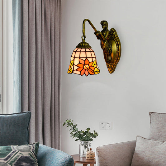 Frendorf | Zonnebloem Sconceslamp Tiffany Oranje Glas 1 Hoofd Woonkamer Wandgemonteerde Lamp met Zeemeermin Achterplaat