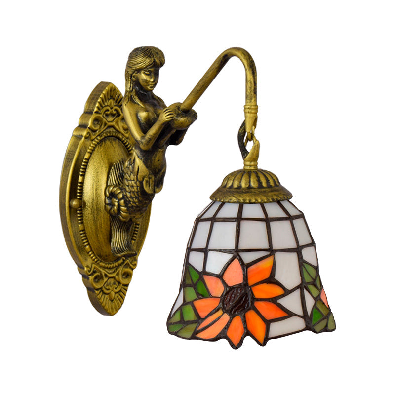 Frendorf | Zonnebloem Sconceslamp Tiffany Oranje Glas 1 Hoofd Woonkamer Wandgemonteerde Lamp met Zeemeermin Achterplaat