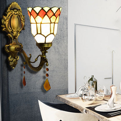 Frendorf | 1 Licht Kleine Bel Geweven Licht Tiffany Geëtst Glas Wandlamp met Agaat voor Studiekamer