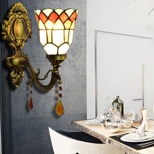 Frendorf | 1 Licht Kleine Bel Geweven Licht Tiffany Geëtst Glas Wandlamp met Agaat voor Studiekamer