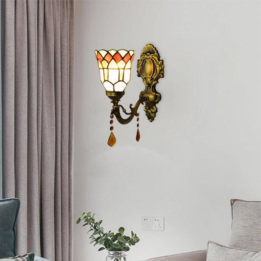 Frendorf | 1 Licht Kleine Bel Geweven Licht Tiffany Geëtst Glas Wandlamp met Agaat voor Studiekamer