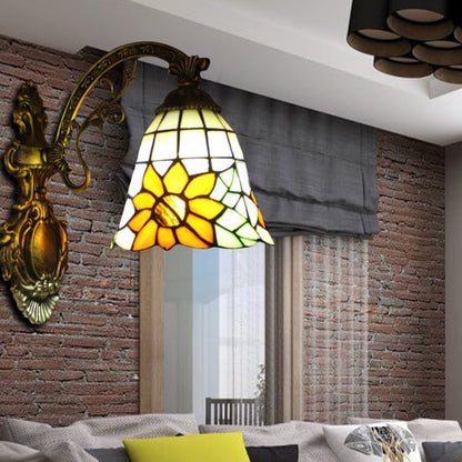 Frendorf | Gelbe Glasglockenform-Wandleuchte mit Sonnenblume und geschnitztem Arm 1 Leuchtmittel rustikaler Wandaufsatz für Villa