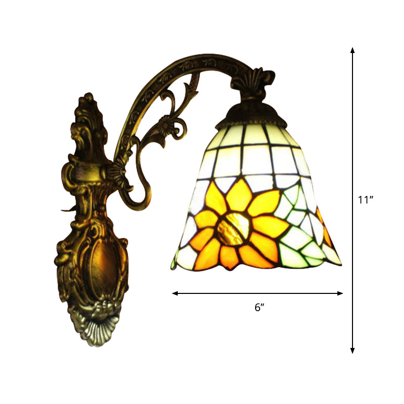Frendorf | Gelbe Glasglockenform-Wandleuchte mit Sonnenblume und geschnitztem Arm 1 Leuchtmittel rustikaler Wandaufsatz für Villa