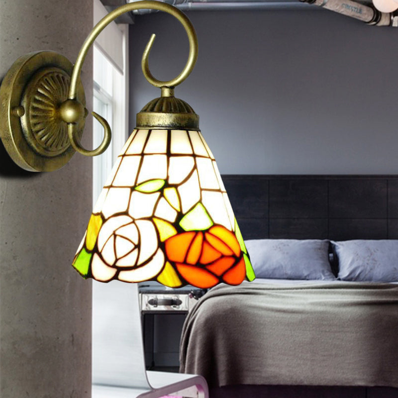 Frendorf | Rose Glasmalerei Wandlicht Leuchte Tiffany 1 Kopf Antik Bronze Wandleuchte Beleuchtung