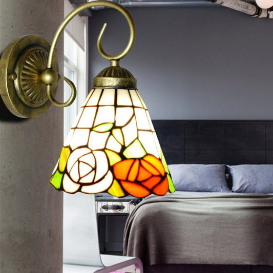 Frendorf | Rose Glasmalerei Wandlicht Leuchte Tiffany 1 Kopf Antik Bronze Wandleuchte Beleuchtung