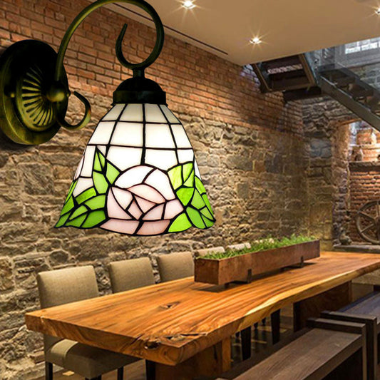 Frendorf | Grüne Glockenwandlampe Tiffany 1 Kopf Buntglas Wandleuchte mit Rosenmuster
