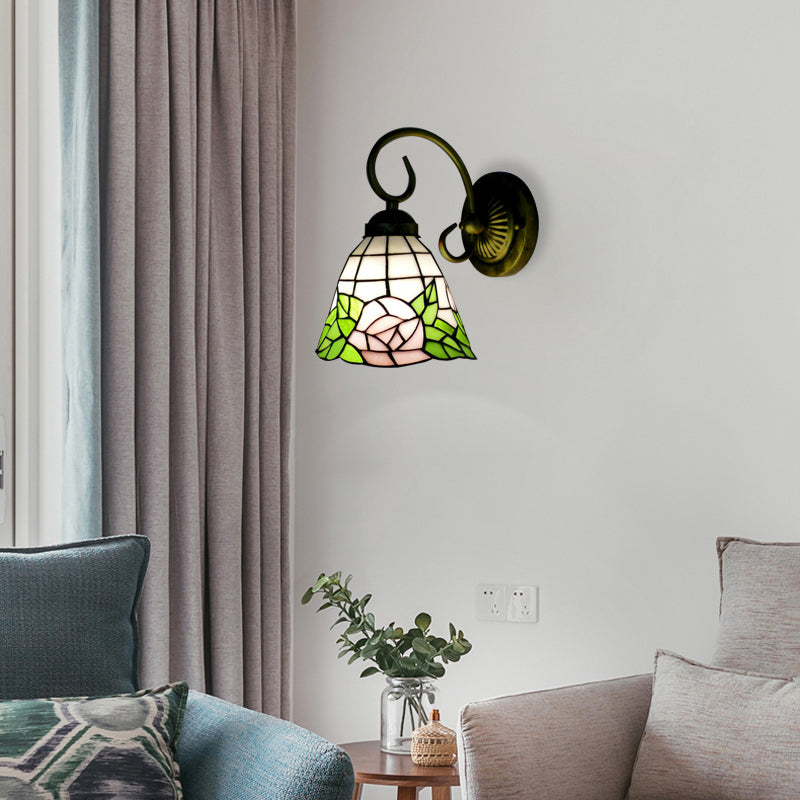 Frendorf | Grüne Glockenwandlampe Tiffany 1 Kopf Buntglas Wandleuchte mit Rosenmuster