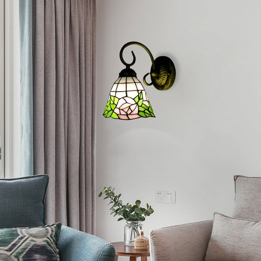 Frendorf | Grüne Glockenwandlampe Tiffany 1 Kopf Buntglas Wandleuchte mit Rosenmuster