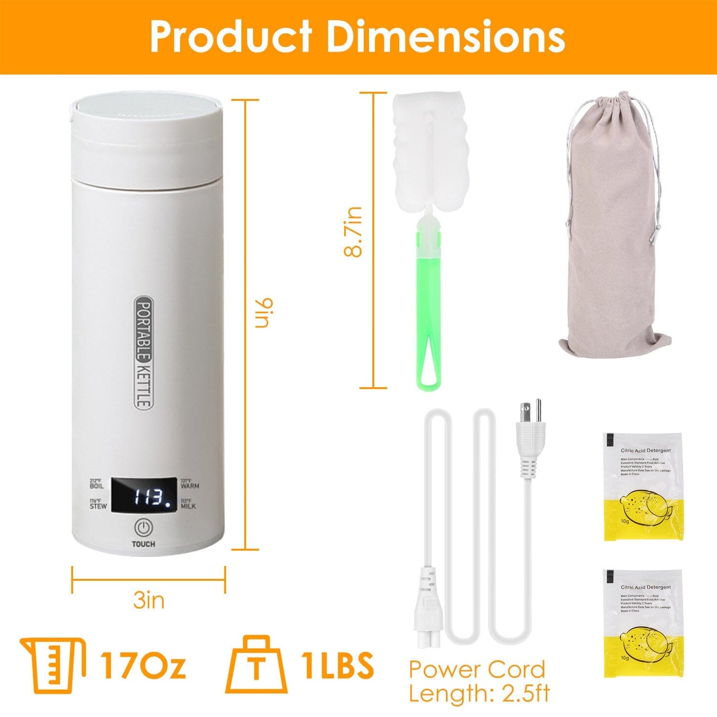 Frendorf | 17Oz Edelstahl Reise Elektro Wasserkocher mit 4 Temperaturvoreinstellungen