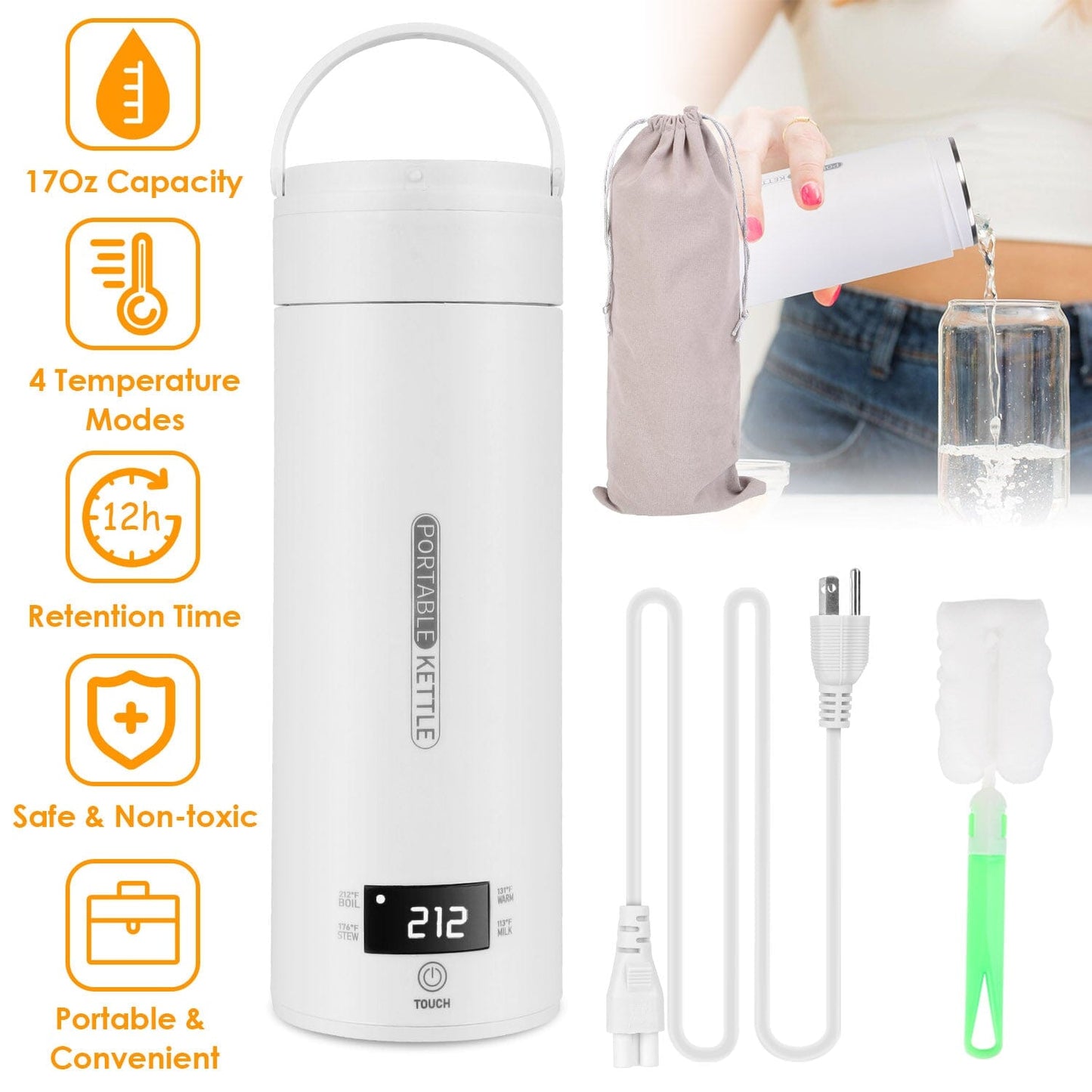 Frendorf | 17Oz Edelstahl Reise Elektro Wasserkocher mit 4 Temperaturvoreinstellungen