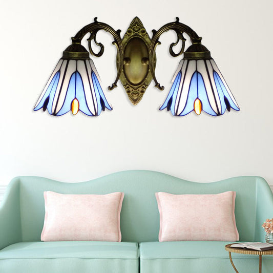 Frendorf | Florale Wandlamp Tiffany-Stil Buntglas 2-Licht Wandleuchte in Blau für Flur