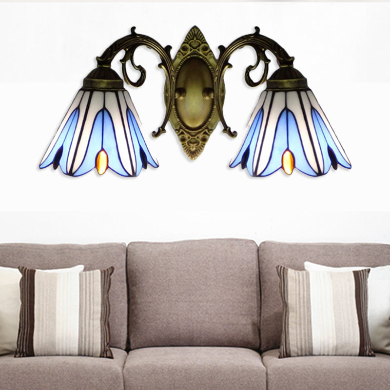 Frendorf | Florale Wandlamp Tiffany-Stil Buntglas 2-Licht Wandleuchte in Blau für Flur