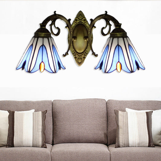 Frendorf | Florale Wandlamp Tiffany-Stil Buntglas 2-Licht Wandleuchte in Blau für Flur
