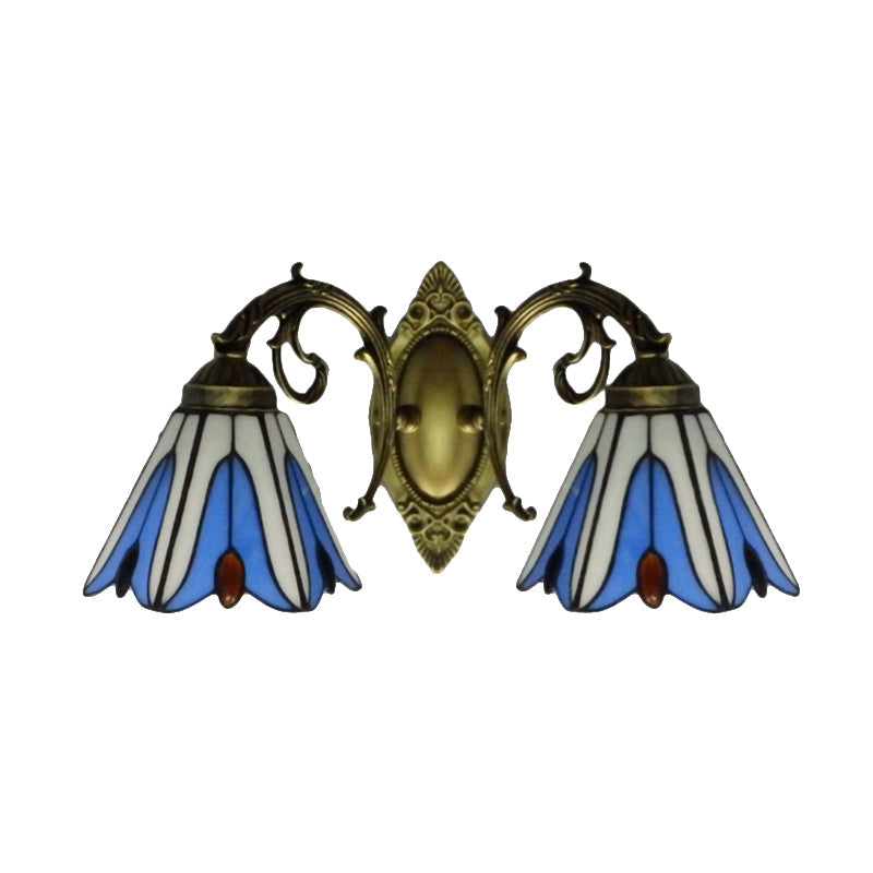 Frendorf | Florale Wandlamp Tiffany-Stil Buntglas 2-Licht Wandleuchte in Blau für Flur