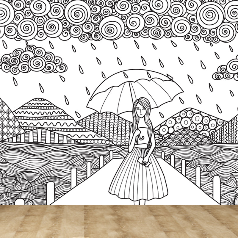 Frendorf | Zwarte en Witte Doodles Muurbehang Fantasy Kinderen Vochtbestendige Muurkunst