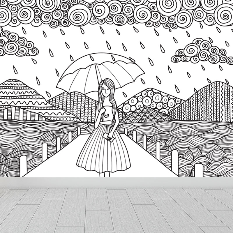 Frendorf | Zwarte en Witte Doodles Muurbehang Fantasy Kinderen Vochtbestendige Muurkunst