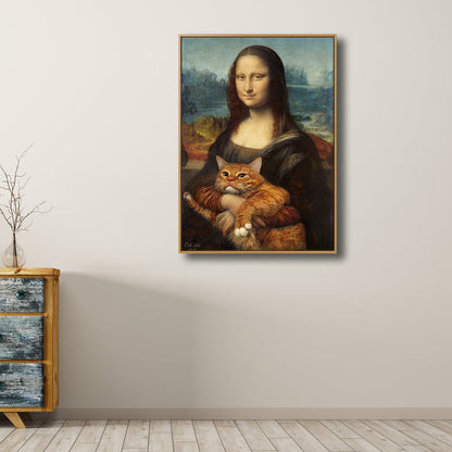 Frendorf | Schwarze moderne Wandkunst Spoof-Zeichnung Mona Lisa mit ihrer Katze Leinwanddruck für das Schlafzimmer