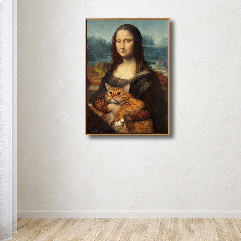 Frendorf | Schwarze moderne Wandkunst Spoof-Zeichnung Mona Lisa mit ihrer Katze Leinwanddruck für das Schlafzimmer