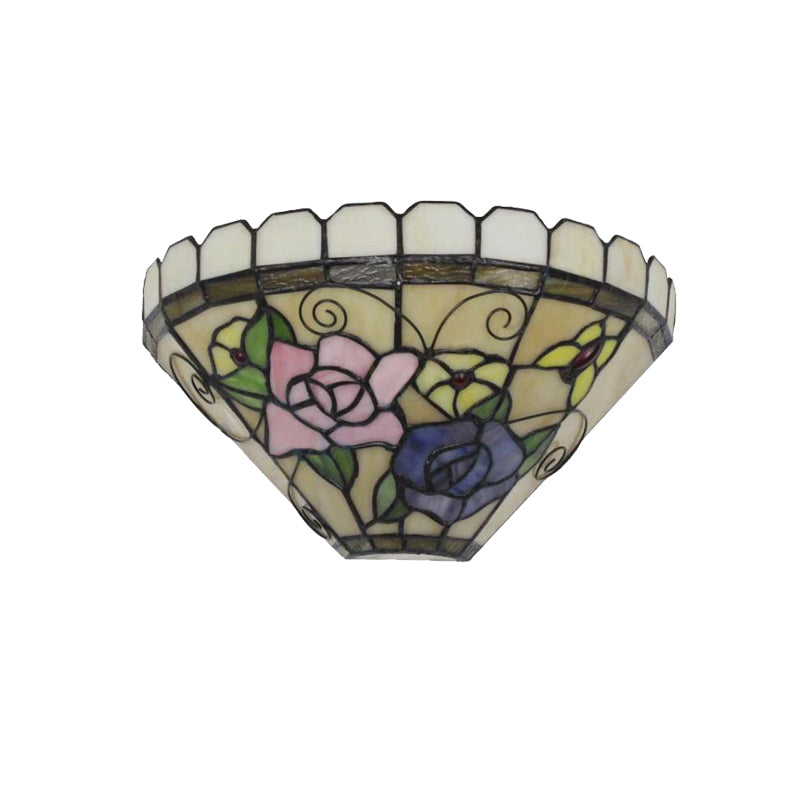 Frendorf | 1 Lichtbeige Kegelwandlamp met Bloem en Vlinder Gevlochten Glas Wandverlichting