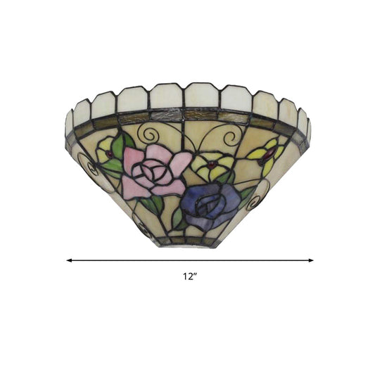 Frendorf | 1 Lichtbeige Kegelwandlamp met Bloem en Vlinder Gevlochten Glas Wandverlichting