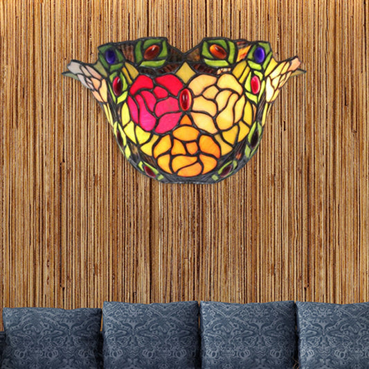 Frendorf | Bloem Motief Wandlamp met Roos en Gelegerd Glas 1 Licht Rustieke Art Deco Wandverlichting voor Entree