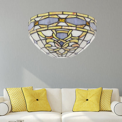 Frendorf | Barocke Schalen-Wandlampe Buntglas 1 Kopf Wandmontage Licht in Lila und Gelb für Treppenhaus
