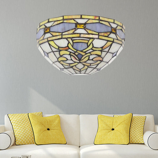 Frendorf | Barocke Schalen-Wandlampe Buntglas 1 Kopf Wandmontage Licht in Lila und Gelb für Treppenhaus