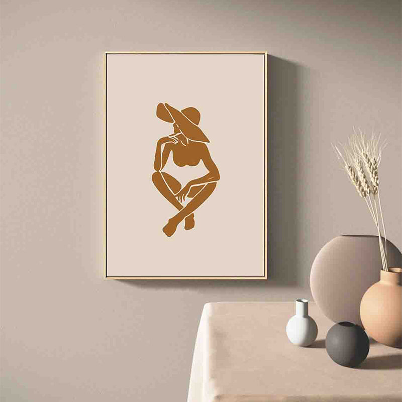 Frendorf | Braun Hatted Girl Art Print Figur Muster Nordic Texturiert Eingewickelte Leinwand für Wohnzimmer