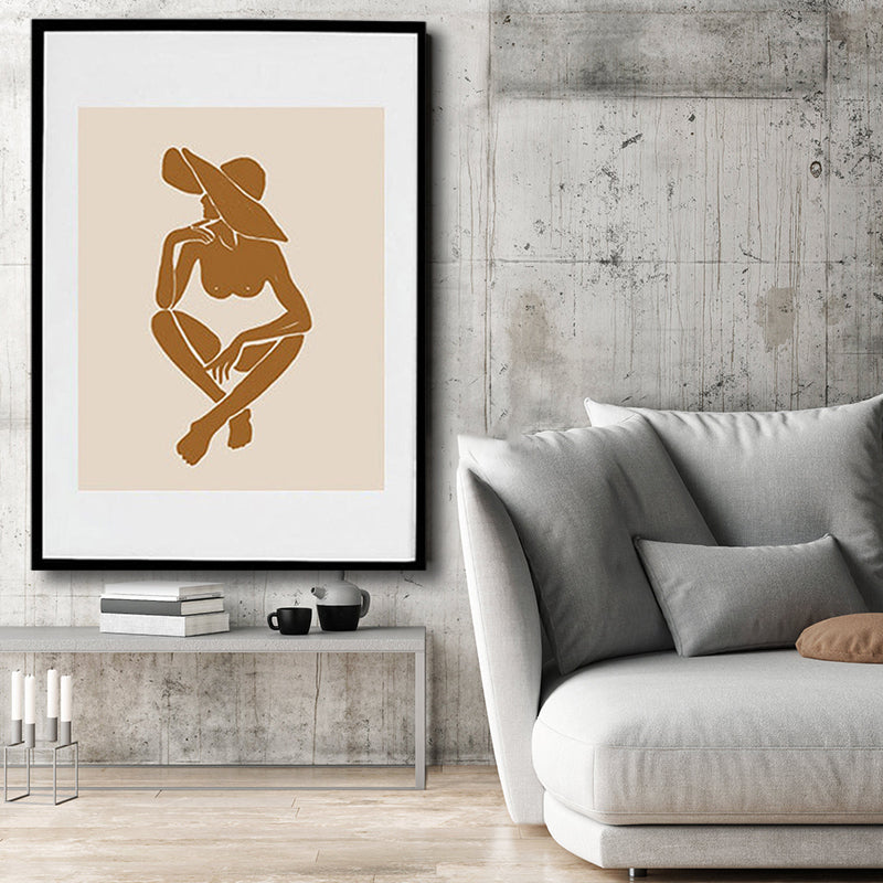 Frendorf | Braun Hatted Girl Art Print Figur Muster Nordic Texturiert Eingewickelte Leinwand für Wohnzimmer