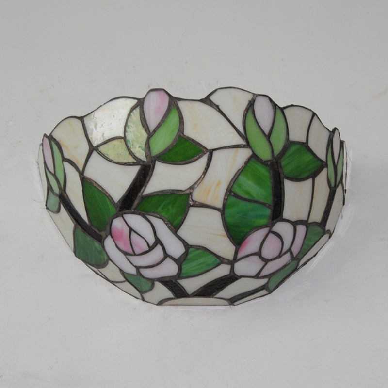 Frendorf | Grüne Schalenwandleuchte mit rosa Rose Rustikal 1 Kopf Buntglas Mini Wandleuchte