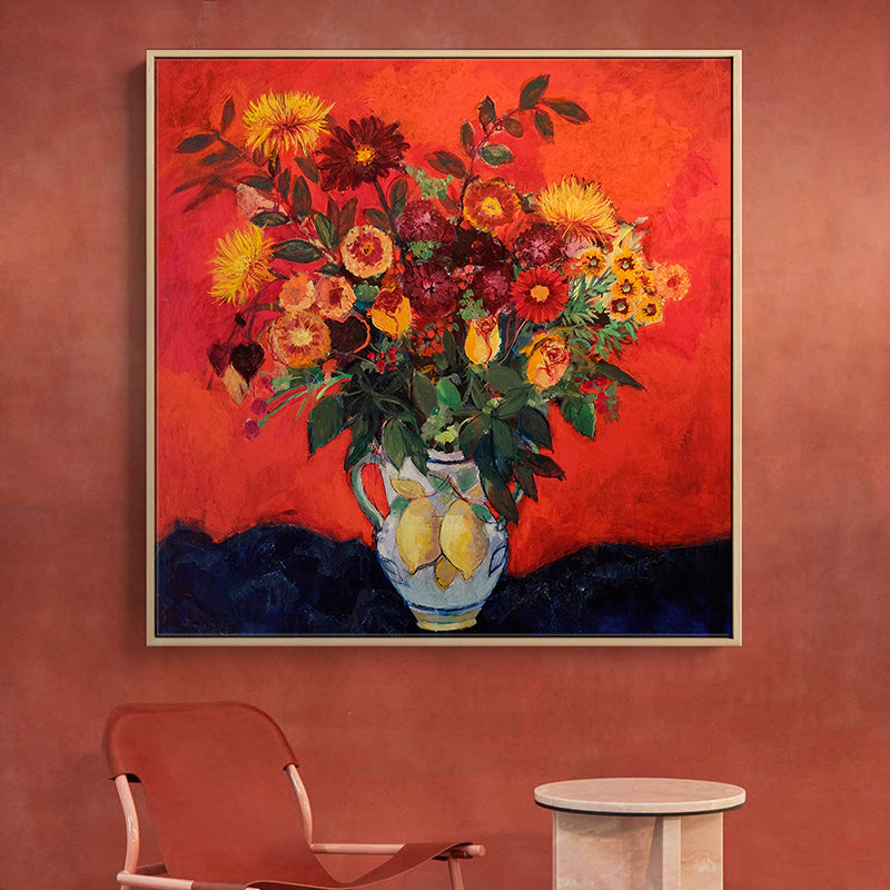 Frendorf | Blühende Blumenvasen-Leinwandkunst Impressionismus Texturiertes Gemälde in dunkler Farbe für den Raum