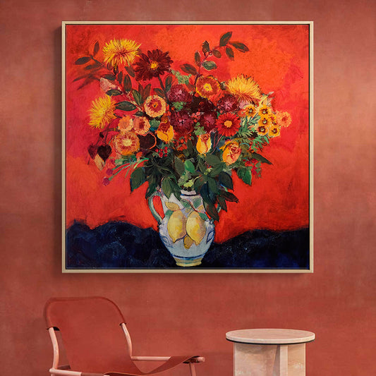 Frendorf | Blühende Blumenvasen-Leinwandkunst Impressionismus Texturiertes Gemälde in dunkler Farbe für den Raum