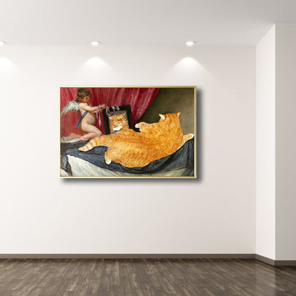 Frendorf | Angel Boy und Katze Leinwandkunst Schlafzimmer Tierzeichnung Wanddekoration in Gelb, Strukturiert