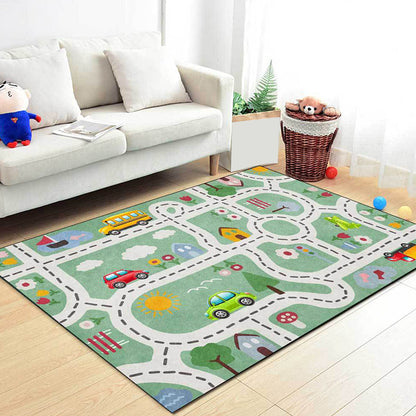 Frendorf | Kinder Straßenmuster Teppich mit Auto Grün Polyester Teppich Rutschfest Haustierfreundlich Waschbar Teppich für das Kinderzimmer