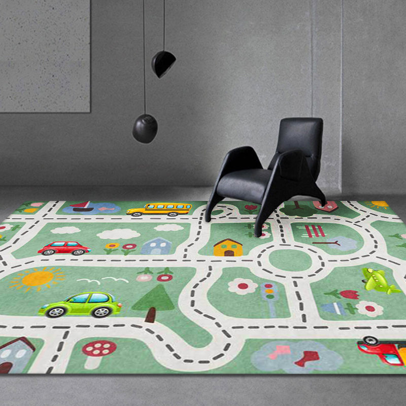 Frendorf | Kinderstraße-Musterteppich mit Auto Grün Polyester Teppich Rutschfest Haustierfreundlich Waschbar Teppich für das Kinderzimmer