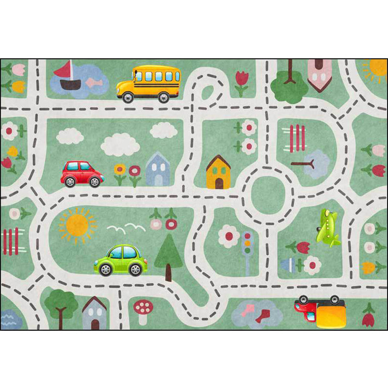Frendorf | Kinder Straßenmuster Teppich mit Auto Grün Polyester Teppich Rutschfest Haustierfreundlich Waschbar Teppich für das Kinderzimmer