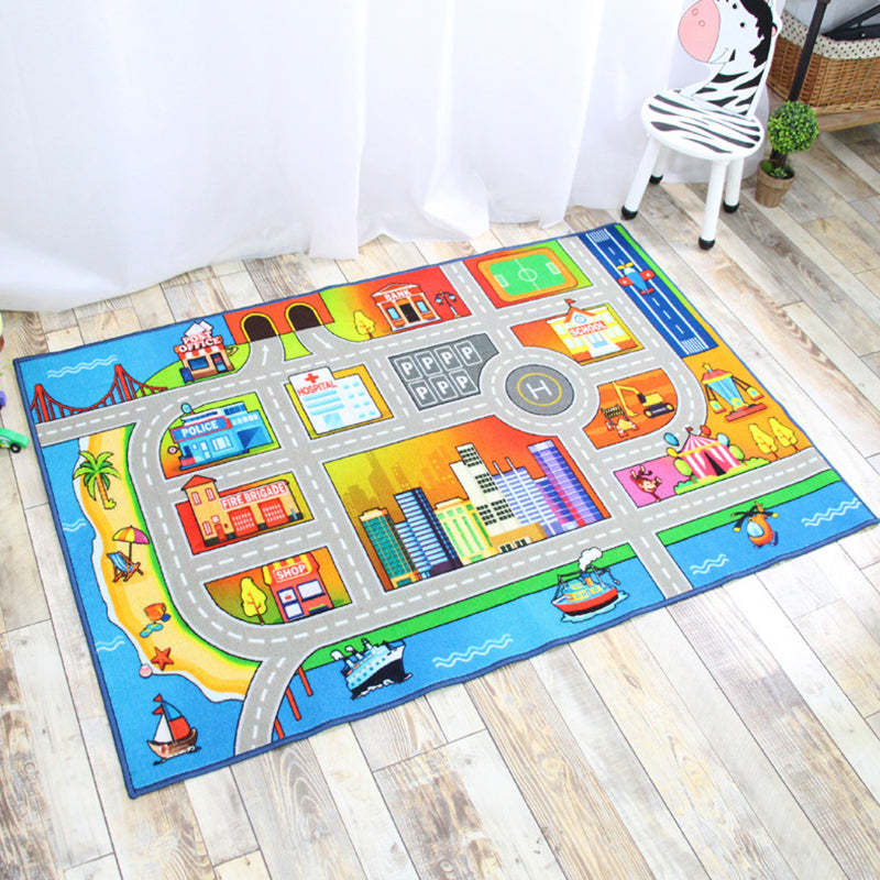 Funky Road Muster Teppich mit Gebäude Grün und Grau Kinder Teppich Polyester Tierfreundlich Waschbar Rutschfester Teppich für Dekoration