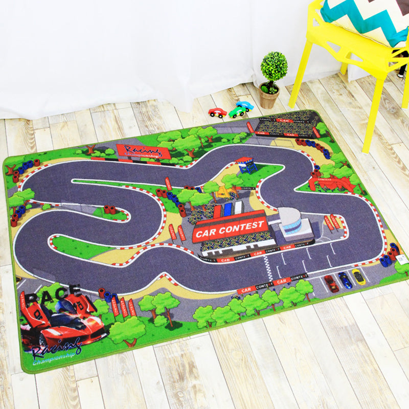 Funky Road Muster Teppich mit Gebäude Grün und Grau Kinder Teppich Polyester Tierfreundlich Waschbar Rutschfester Teppich für Dekoration