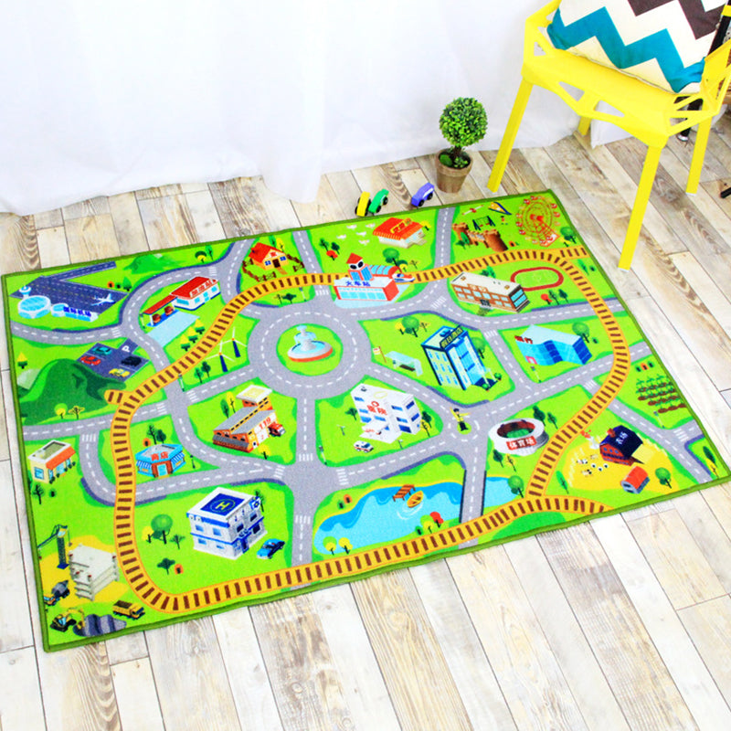 Funky Road Muster Teppich mit Gebäude Grün und Grau Kinder Teppich Polyester Tierfreundlich Waschbar Rutschfester Teppich für Dekoration