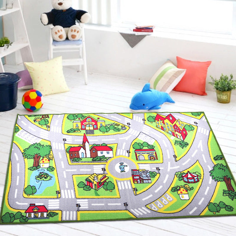 Funky Road Muster Teppich mit Gebäude Grün und Grau Kinder Teppich Polyester Tierfreundlich Waschbar Rutschfester Teppich für Dekoration